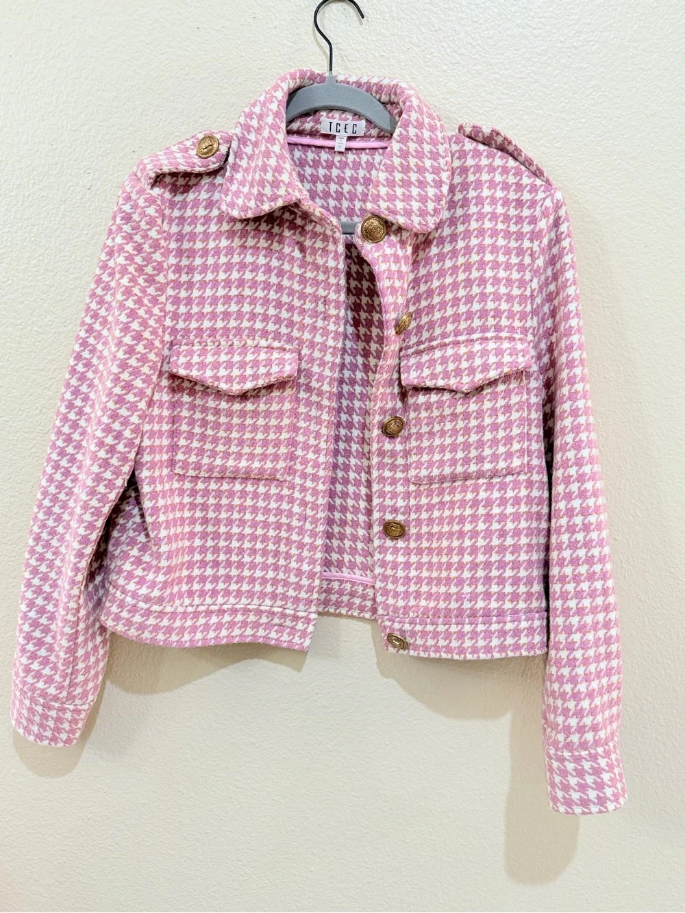 TCEC Pink Tweed Houndstooth Blazer Jacket & Skort Shorts Set Metallic Gold M